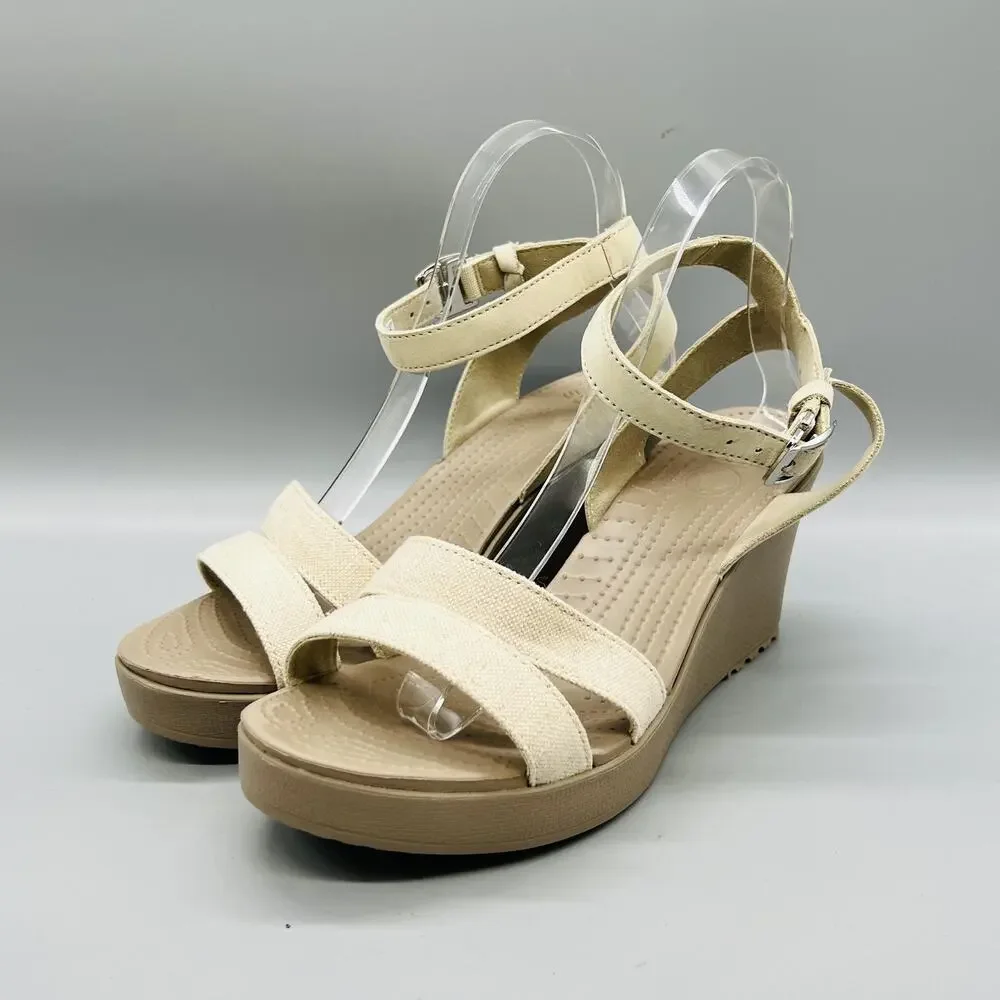 Crocs Sandals Womens 10 Beige Strappy Ankle Strap Buckle Wedge Comfort Shoes